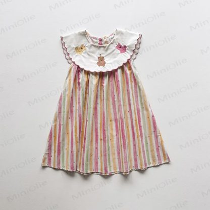 幼児用女の子向けクマ柄水彩ストライプDress - ピンク - 8-9T - image 6