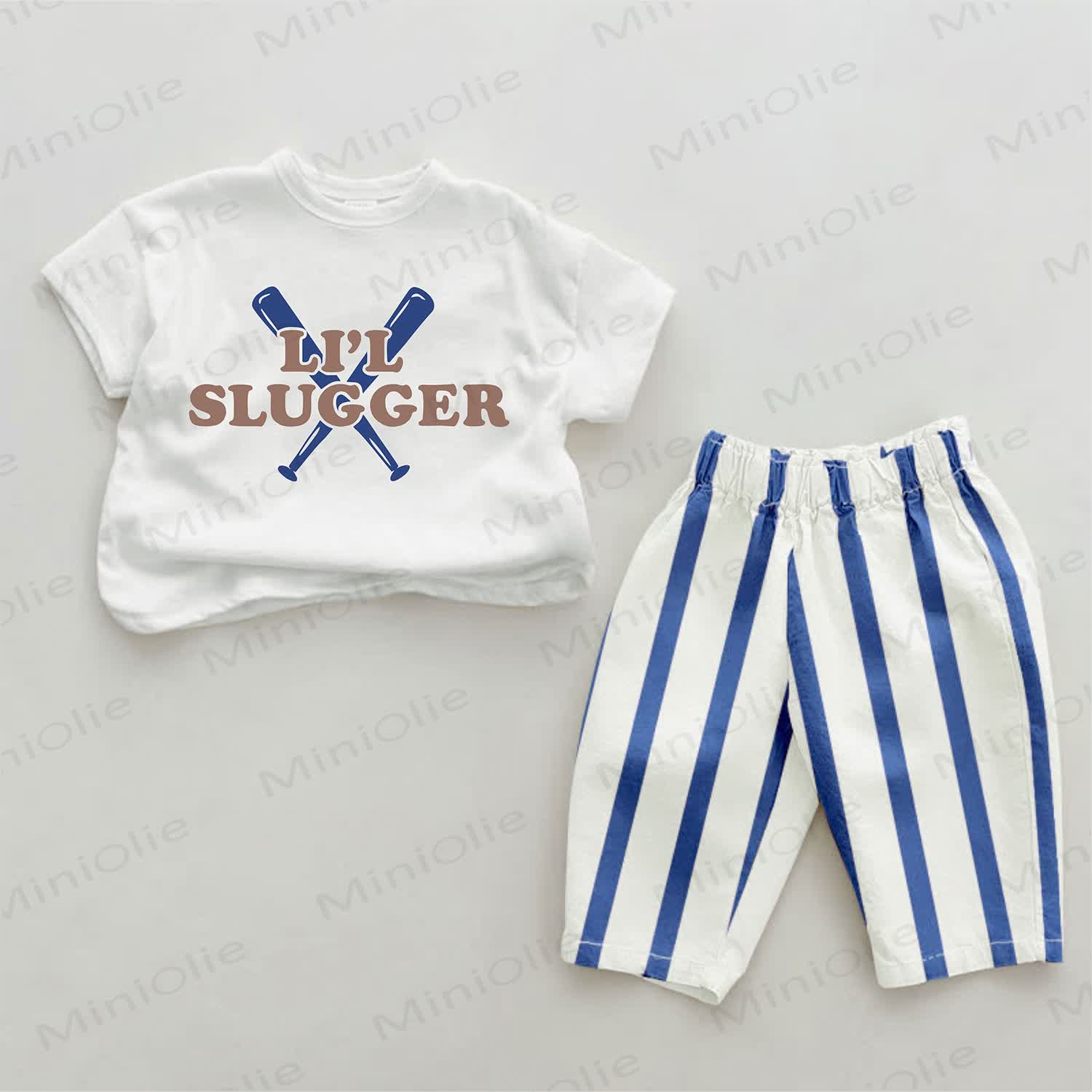 リルスラッガー ベビー用野球バット柄ストライプパンツ 2点セット - ホワイト＆ブルー - 2～3歳 - image 1
