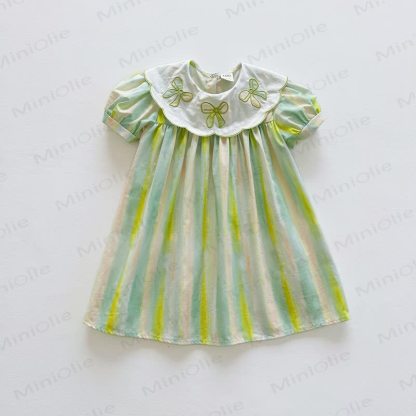 幼児用女の子用リボン襟ストライプDress - 緑 - 8-9T - image 7