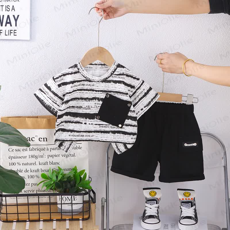 幼児用ストライプ柄ポケット付きTシャツとショートパンツのセット - 黒 - 4～5歳 - image 15