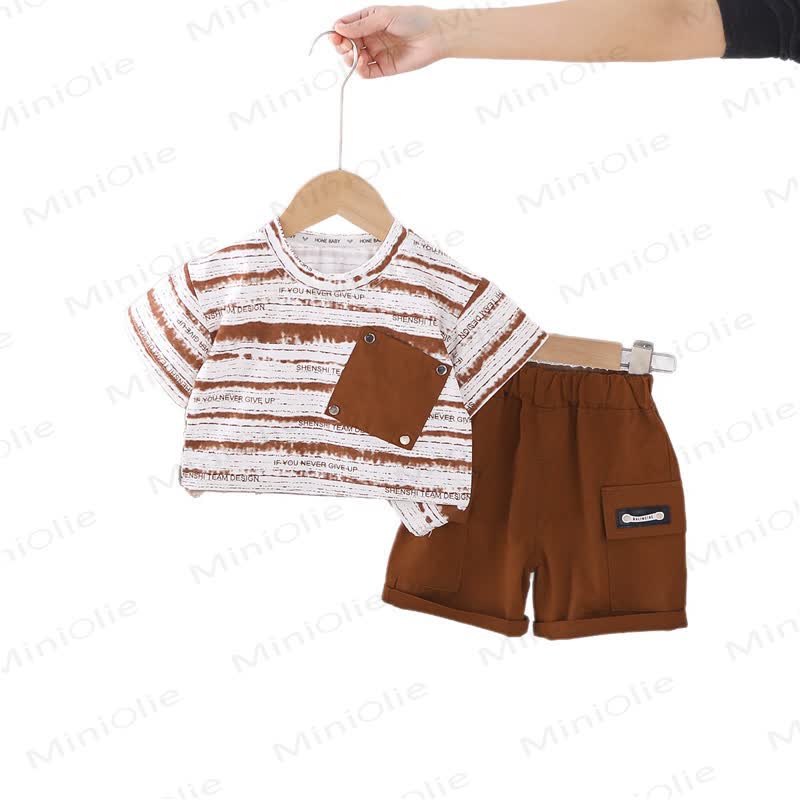 幼児用ストライプ柄ポケット付きTシャツとショートパンツのセット - image 3