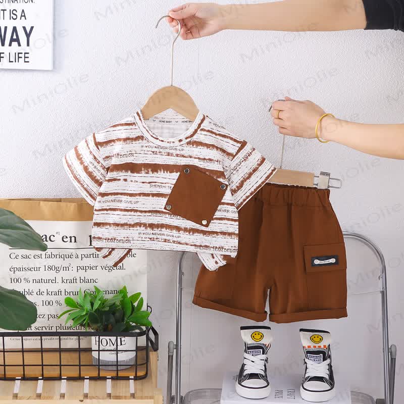 幼児用ストライプ柄ポケット付きTシャツとショートパンツのセット - 茶色 - 4～5歳 - image 2