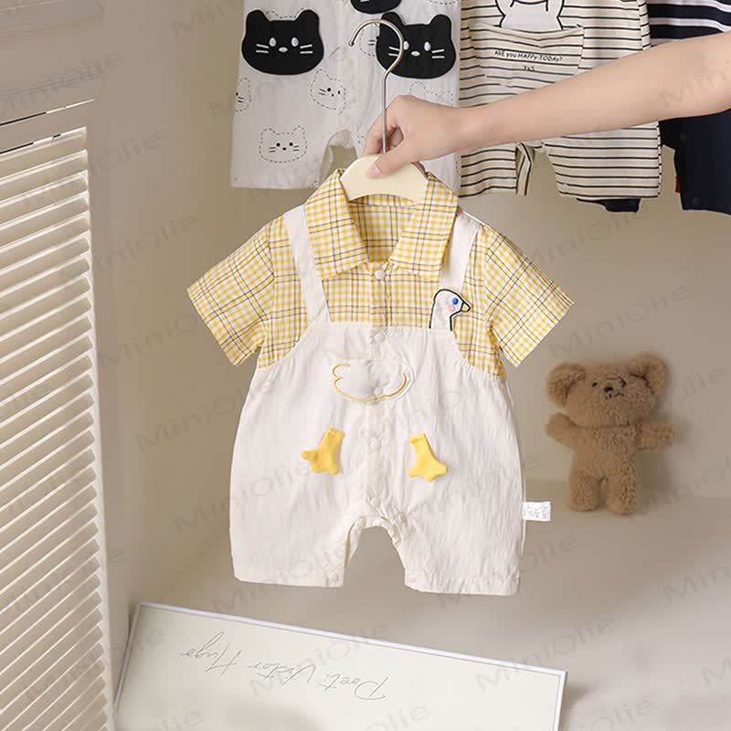 ベビー用フェイクダックチェックロンパース2点セット - 黄色 - 18～24ヶ月 - image 1