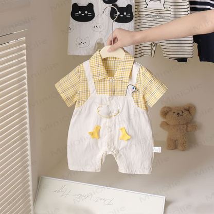 ベビー用フェイクダックチェックロンパース2点セット - 黄色 - 18～24ヶ月 - image 1