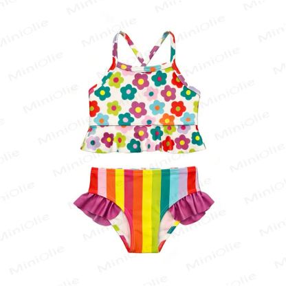 幼児用花柄ストライプ水着 - 白 - 8-9T - image 1