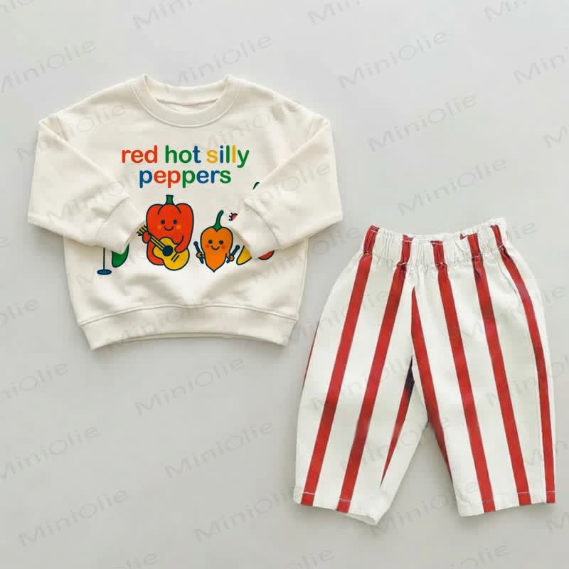 RED HOT SILLY PEPPERS幼児用 レッドストライプパンツ 2点セット - ベージュ＆レッド - 2～3歳 - image 1