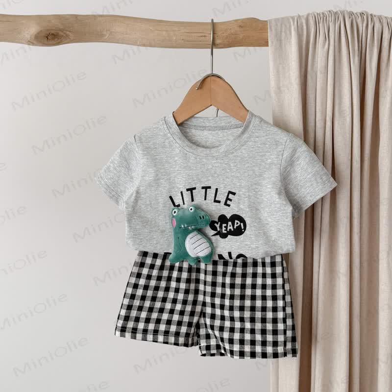 LITTLE DINO幼児用Tシャツとチェック柄ショートパンツのセット - ライトグレー - 4～5歳 - image 2