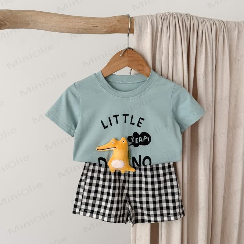 LITTLE DINO幼児用Tシャツとチェック柄ショートパンツのセット - 薄緑色 - 4～5歳 - image 3