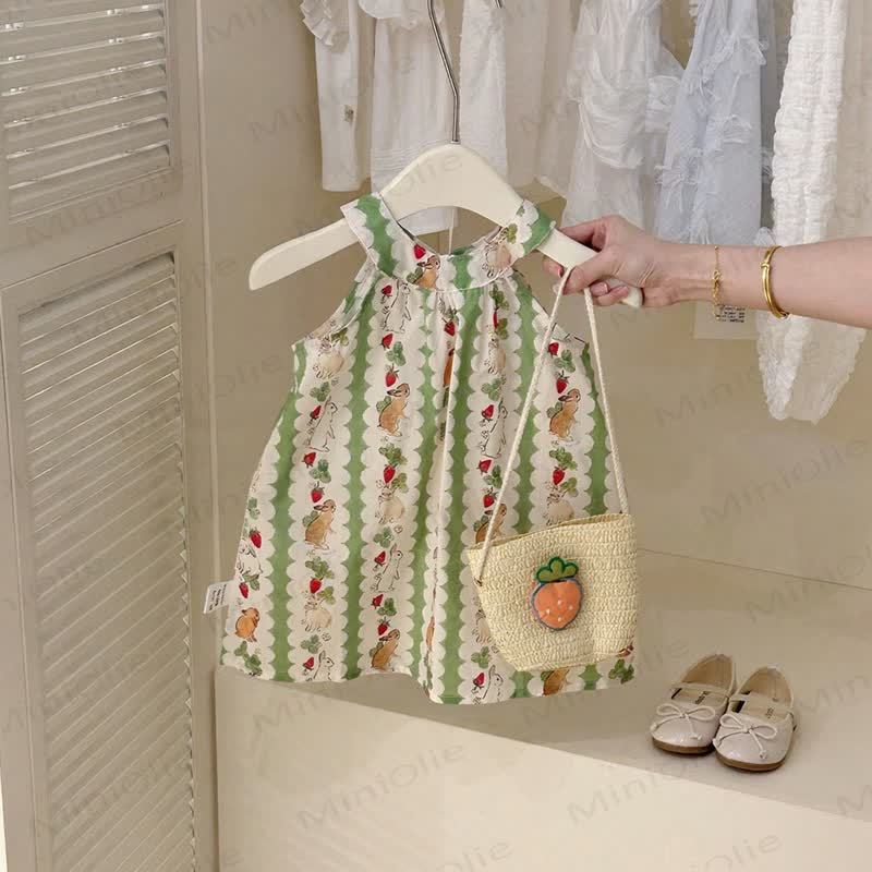 幼児用女の子ストライプ柄うさぎストラップDress（バッグ付き） - 緑 - 6～7歳 - image 1