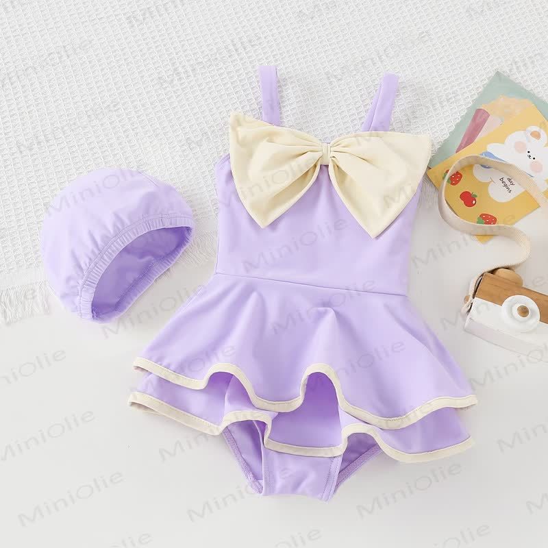 幼児用女の子用リボン付き水着（帽子付き） - 紫 - 8-9T - image 1