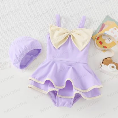 幼児用女の子用リボン付き水着（帽子付き） - 紫 - 8-9T - image 1