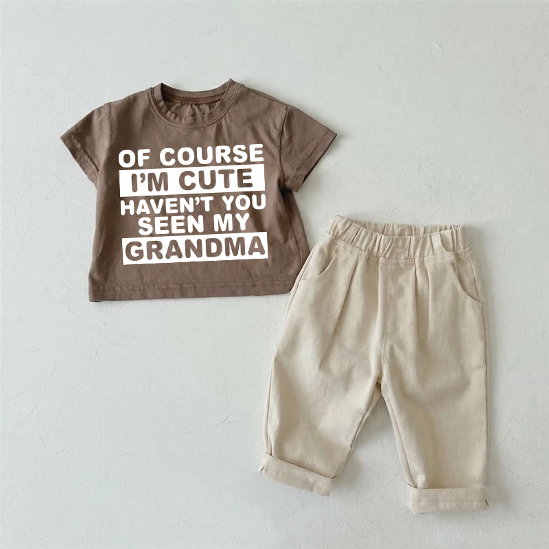 OF COURSE I'M CUTE HAVEN'T YOU SEEN MY GRANDMATシャツとパンツのツーピースセット - 茶色 - 2～3歳 - image 1