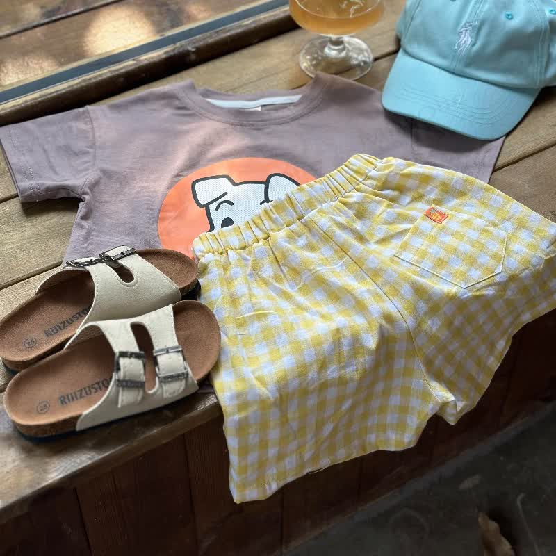 幼児用女の子ストライプチェック柄ショートパンツ - 黄色 - 6～7歳 - image 1