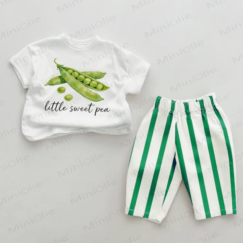 LITTLE SWEET PEAグリーン 縦ストライプ 2点セット - ホワイト＆グリーン - 2～3歳 - image 1