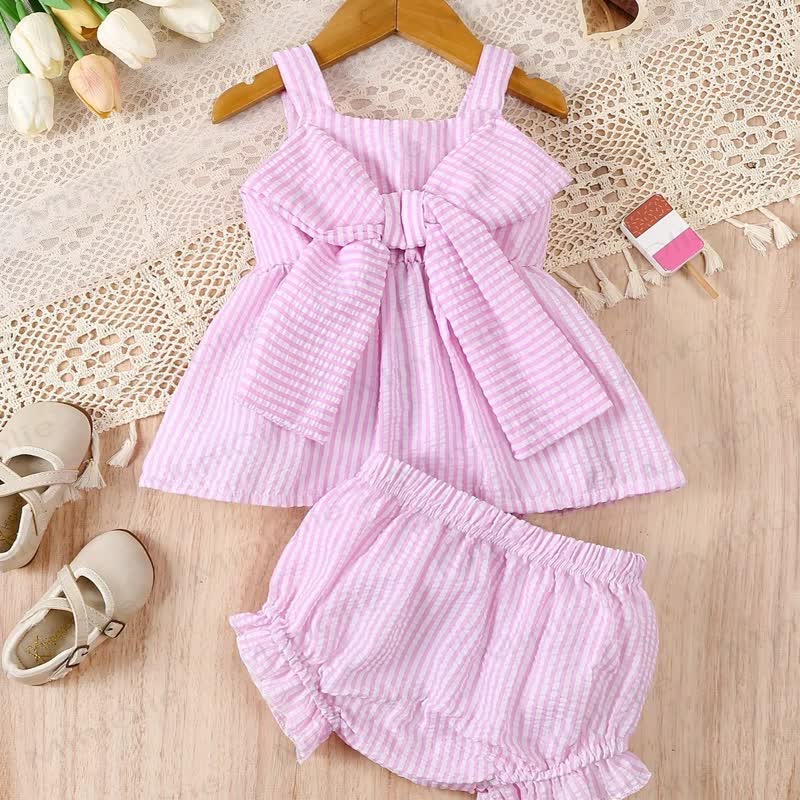 ベビーガールズ用ピンクストライプリボンベスト＆ショートパンツセット - ピンク - 2-3Y - image 1