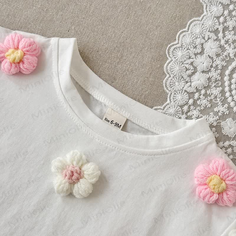 ベビーガール用サマーコットンフラワー柄トップス＆ショートパンツセット - image 2