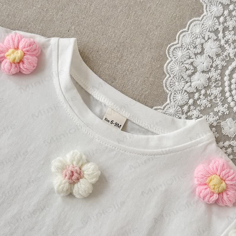 ベビーガール用サマーコットンフラワー柄トップス＆ショートパンツセット - image 2