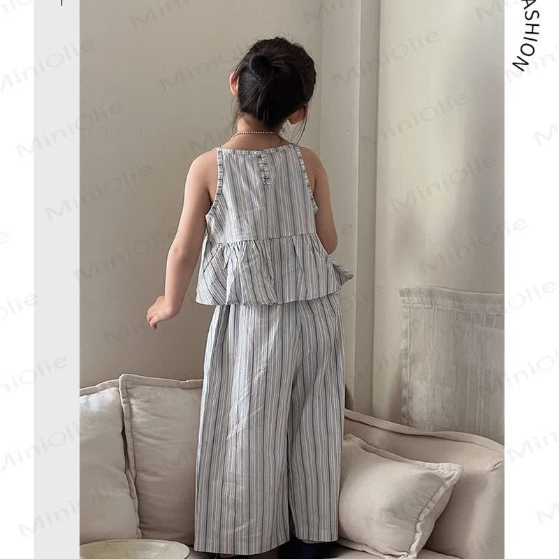 幼児用女の子向け夏物ストライプフリルベスト＆パンツセット - image 2
