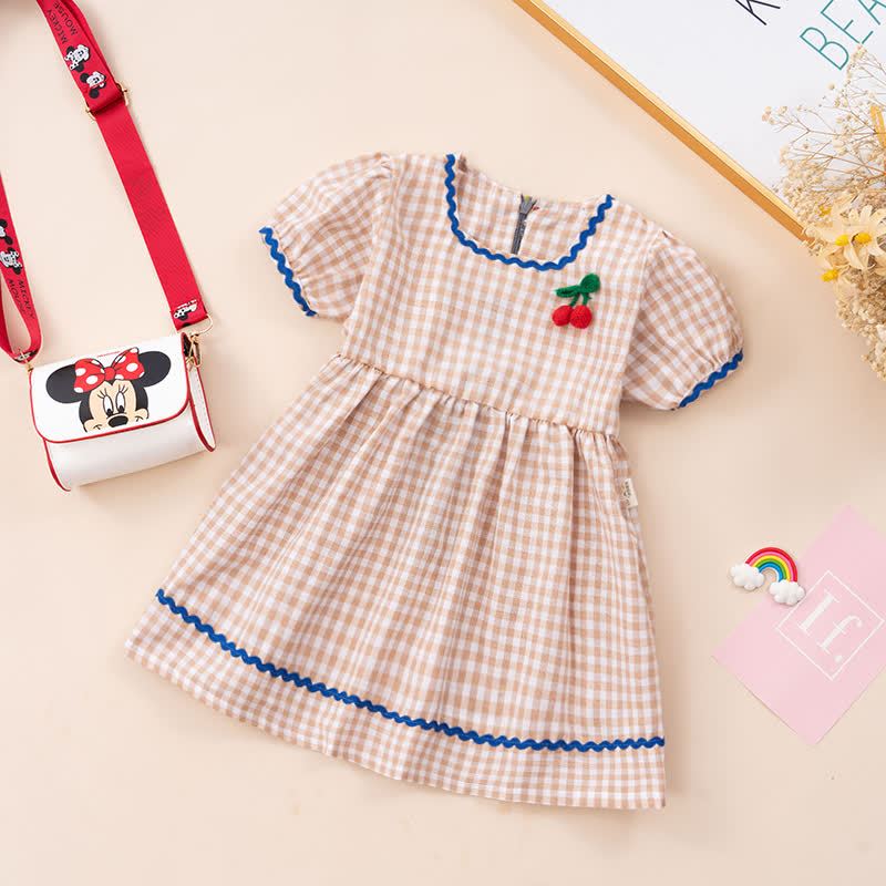 幼児用女の子向け夏用ギンガムチェック柄チェリーパッチDress - ベージュ - 4～5歳 - image 6