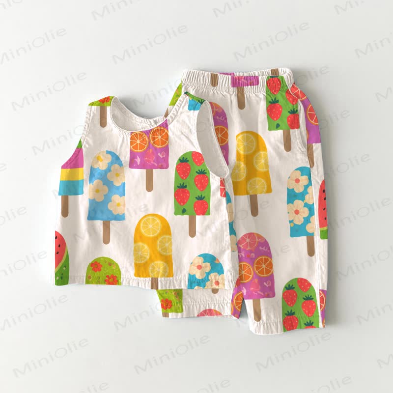 幼児用カラフルなアイスクリーム柄ノースリーブ2点セット - 白 - 3～4歳 - image 1