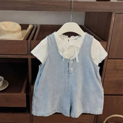 幼児用女の子向けサマーTシャツとブルーデニムロンパースセット - 青 - 8～9歳 - image 1
