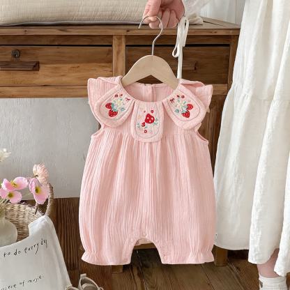 ベビーピンクのマッシュルームとイチゴ柄のコットン製ノースリーブロンパース - ピンク - 18～24ヶ月 - image 1