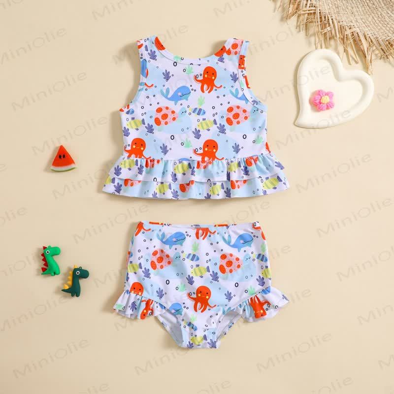 幼児用女の子向けオーシャンプリント水着2点セット - 青 - 6～7歳 - image 1