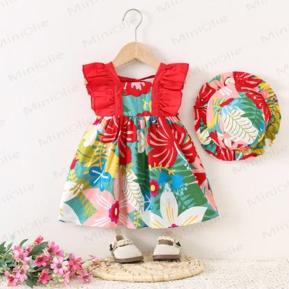 幼児用花柄コットンノースリーブDress（帽子付き） - 赤 - 2～3歳 - image 2