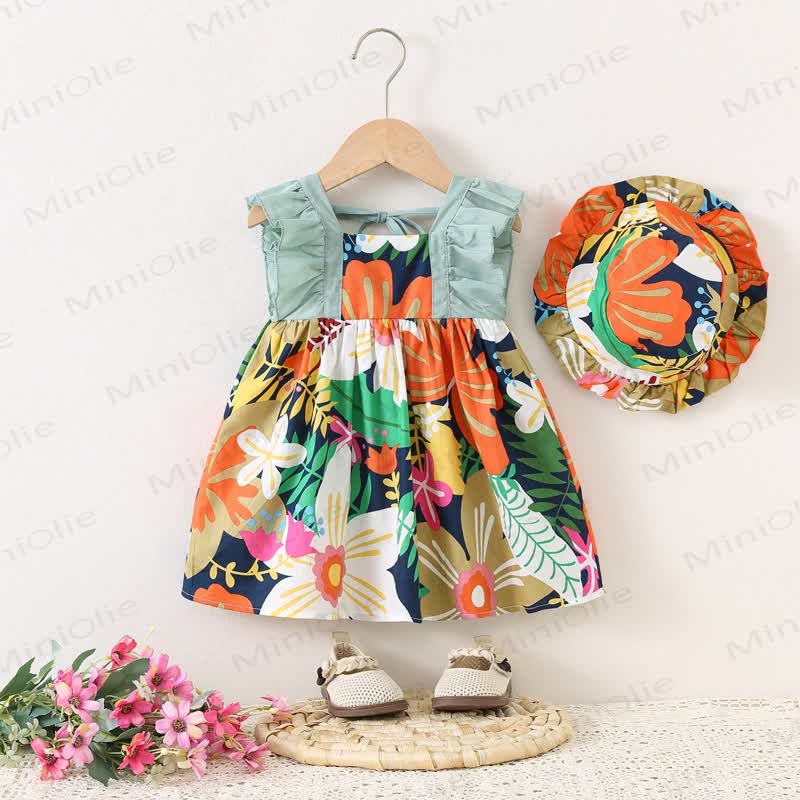 幼児用花柄コットンノースリーブDress（帽子付き） - 緑 - 2～3歳 - image 1