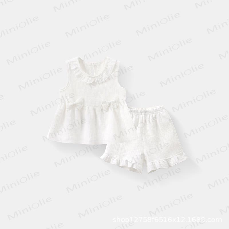 幼児用女の子向けコットンフリル無地タンクトップ＆ショートパンツセット - 白 - 4～5歳 - image 2