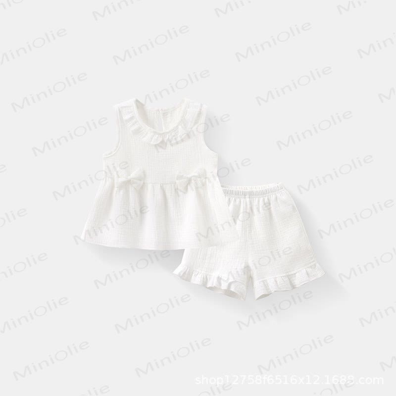 幼児用女の子向けコットンフリル無地タンクトップ＆ショートパンツセット - 白 - 4～5歳 - image 2