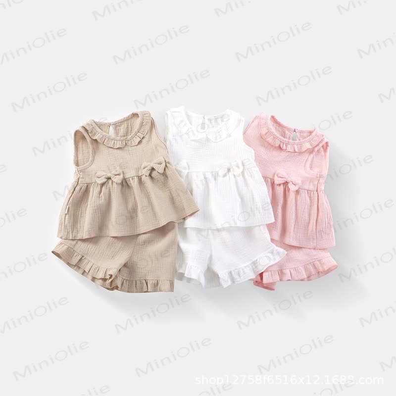 幼児用女の子向けコットンフリル無地タンクトップ＆ショートパンツセット - image 1
