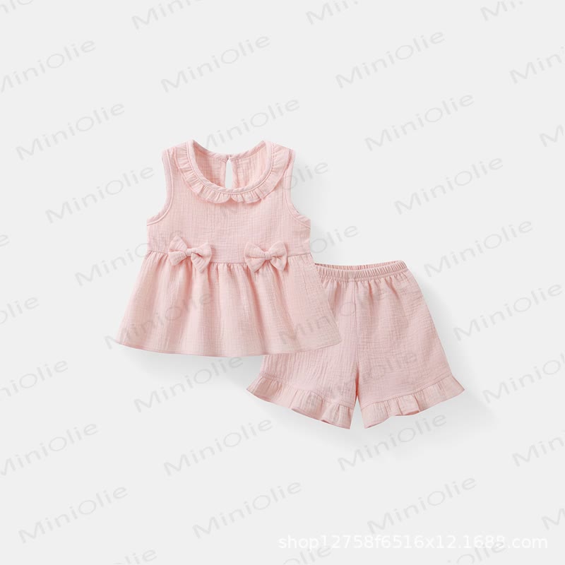 幼児用女の子向けコットンフリル無地タンクトップ＆ショートパンツセット - ピンク - 4～5歳 - image 3