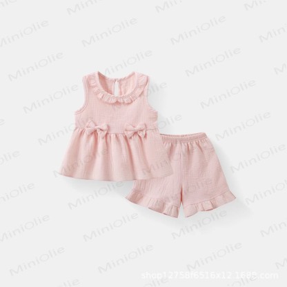幼児用女の子向けコットンフリル無地タンクトップ＆ショートパンツセット - ピンク - 4～5歳 - image 3