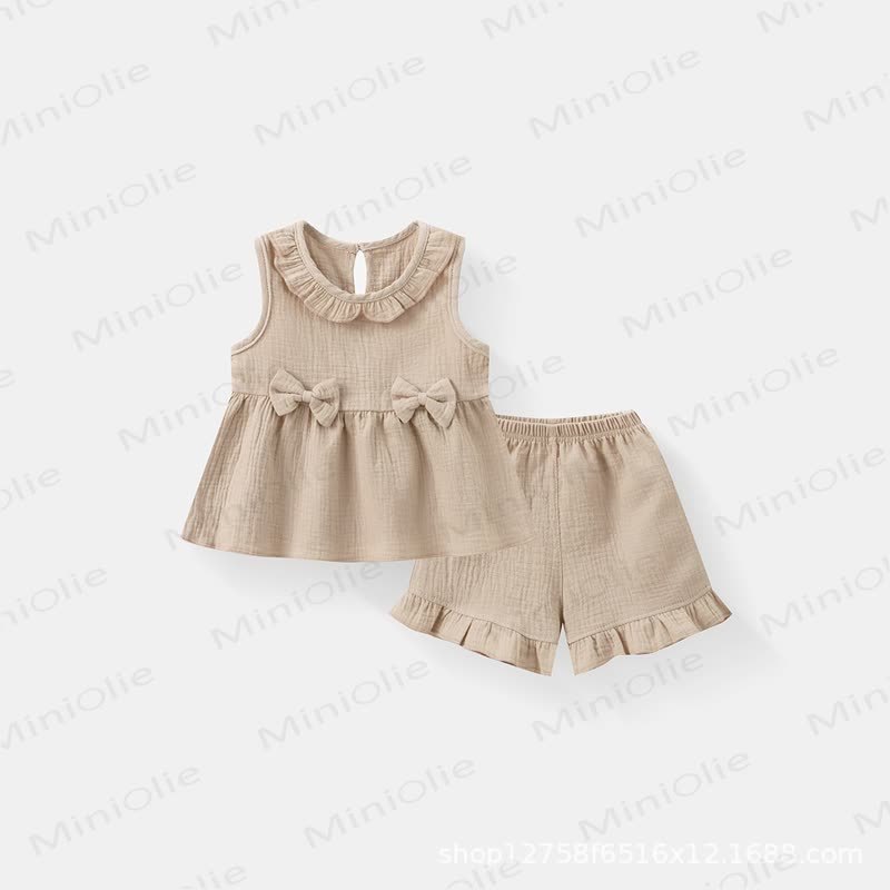 幼児用女の子向けコットンフリル無地タンクトップ＆ショートパンツセット - カーキ - 4～5歳 - image 4