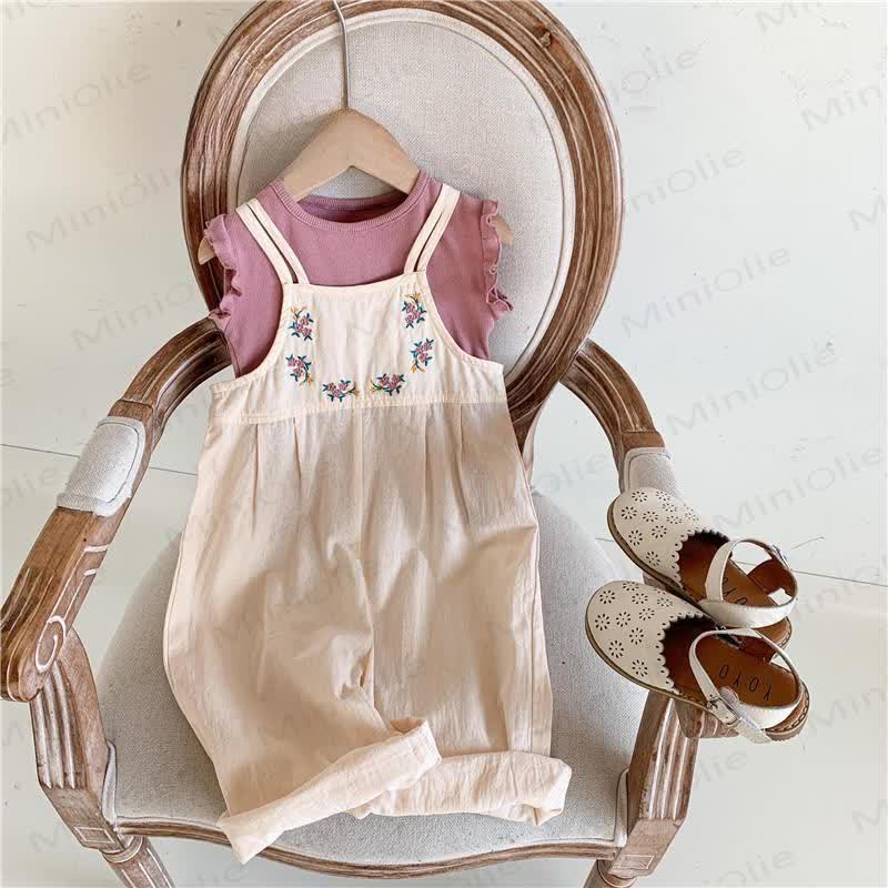 幼児用女の子用コットン花柄ベージュロンパース - image 1