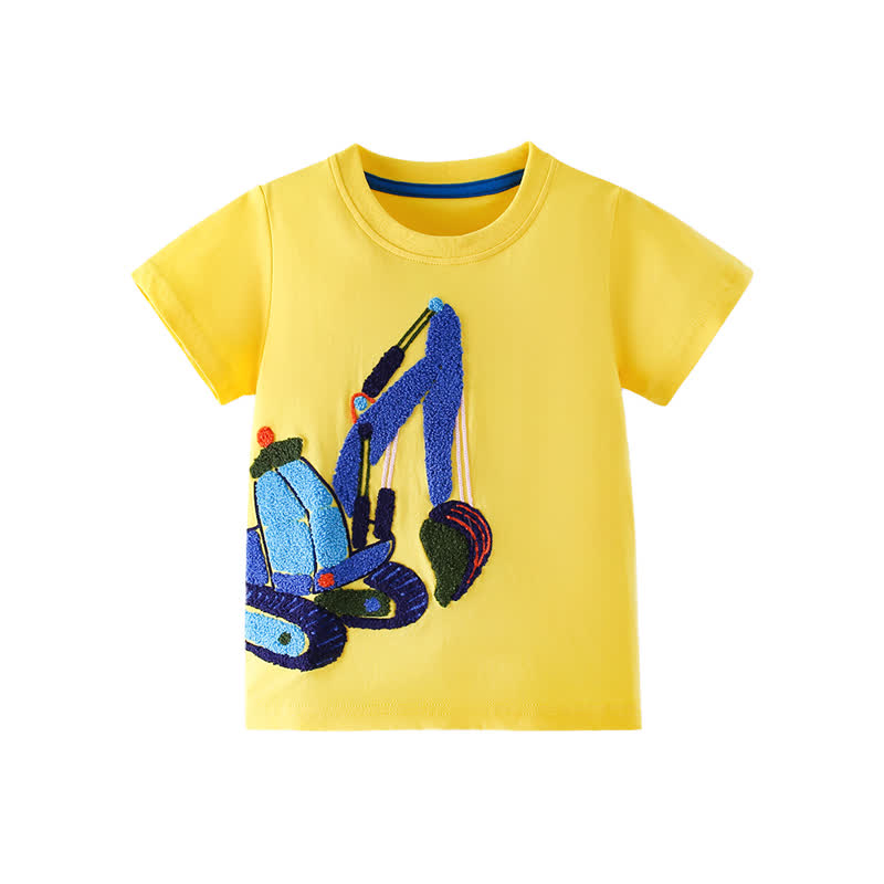幼児男の子用 黄色いショベルカー柄タオル刺繍Tシャツ - 黄色 - 8歳 - image 1