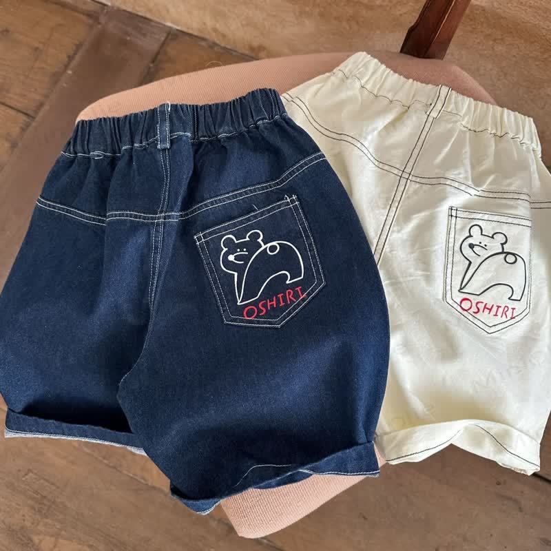 幼児用夏物クマ柄スローガンデニムショートパンツ - image 1