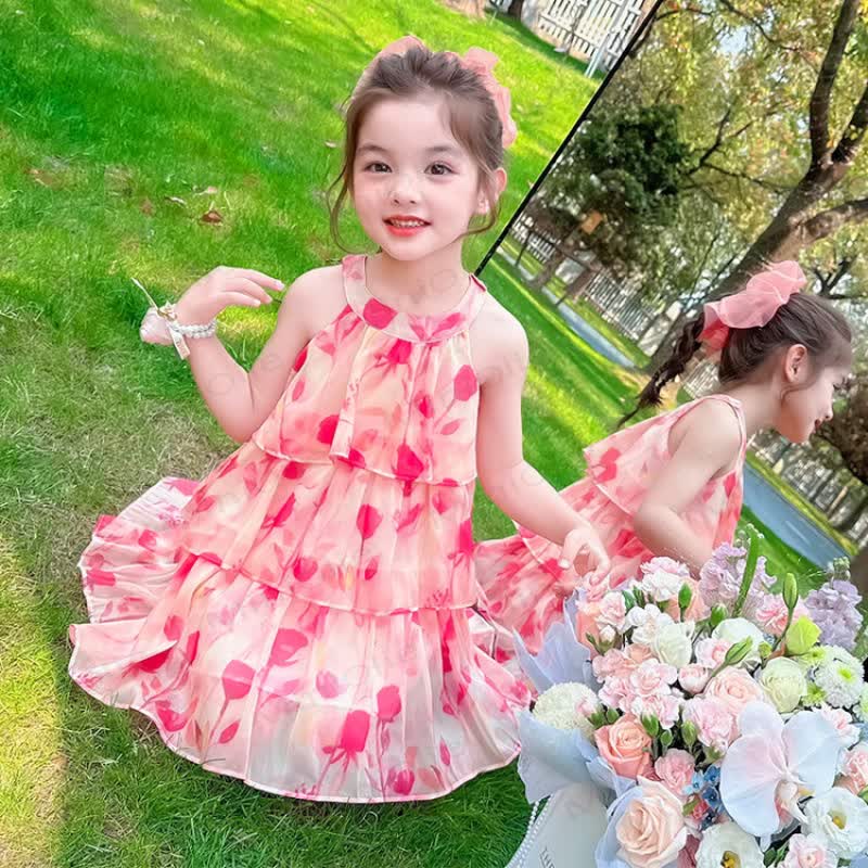 幼児用女の子向けコットン製ピンクチューリップ柄Dress - image 1