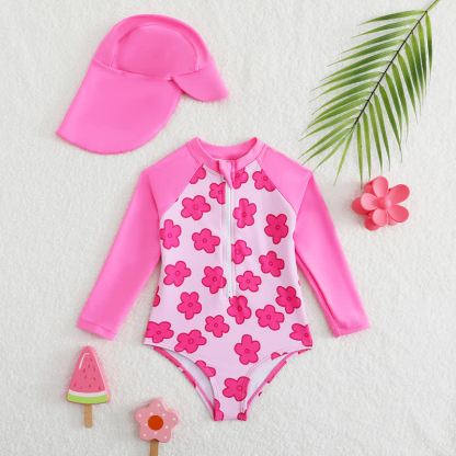 ベビーピンクの花柄ジップ付き水着 - ピンク - 2-3Y - image 1