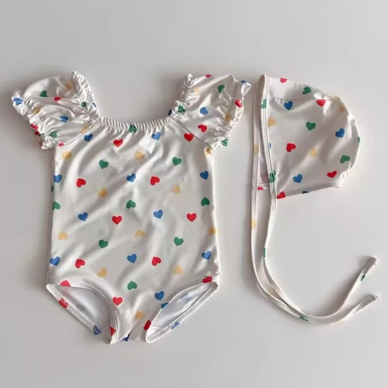 ベビーガール用フラワー/ハート柄水着（帽子付き） - ホワイトハート - 2～3歳 - image 2