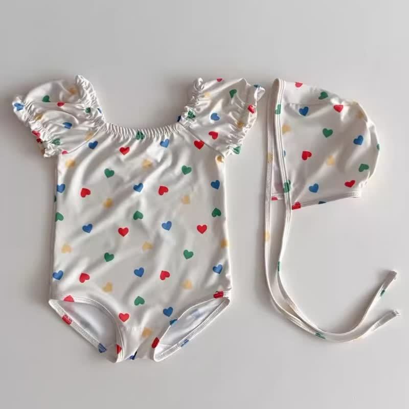 ベビーガール用フラワー/ハート柄水着（帽子付き） - ホワイトハート - 2～3歳 - image 2