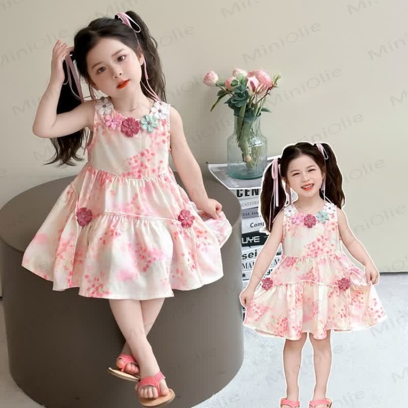 幼児・キッズ 女の子用 コットン ピンク 花柄 ノースリーブDress - image 1