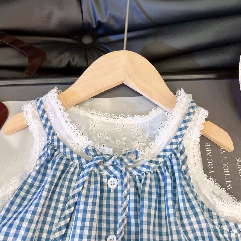 幼児用女の子ギンガムチェックレースリボンタンクトップ＆パンツセット - image 3