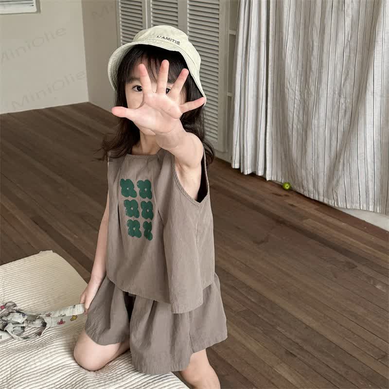 幼児用女の子向け花柄タンクトップとショートパンツのセット - 緑 - 6～7歳 - image 3