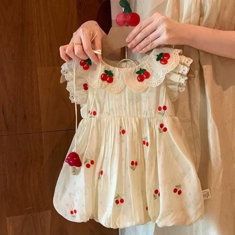 ベビーガールズ用コットンレースチェリー柄ノースリーブDress - ベージュ - 6～7歳 - image 1