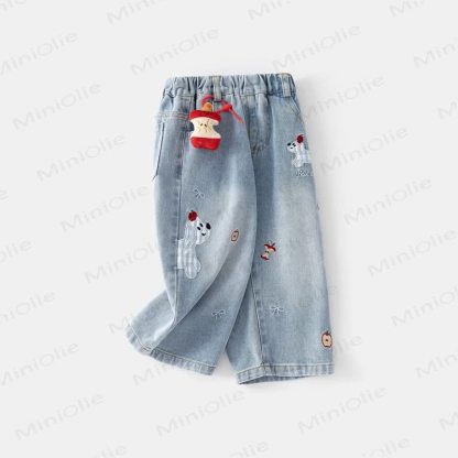 幼児用女の子向け犬とリンゴ柄デニムパンツ - image 2