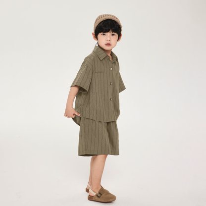 幼児男の子用コットンストライプシャツ＆ショートパンツセット - image 1