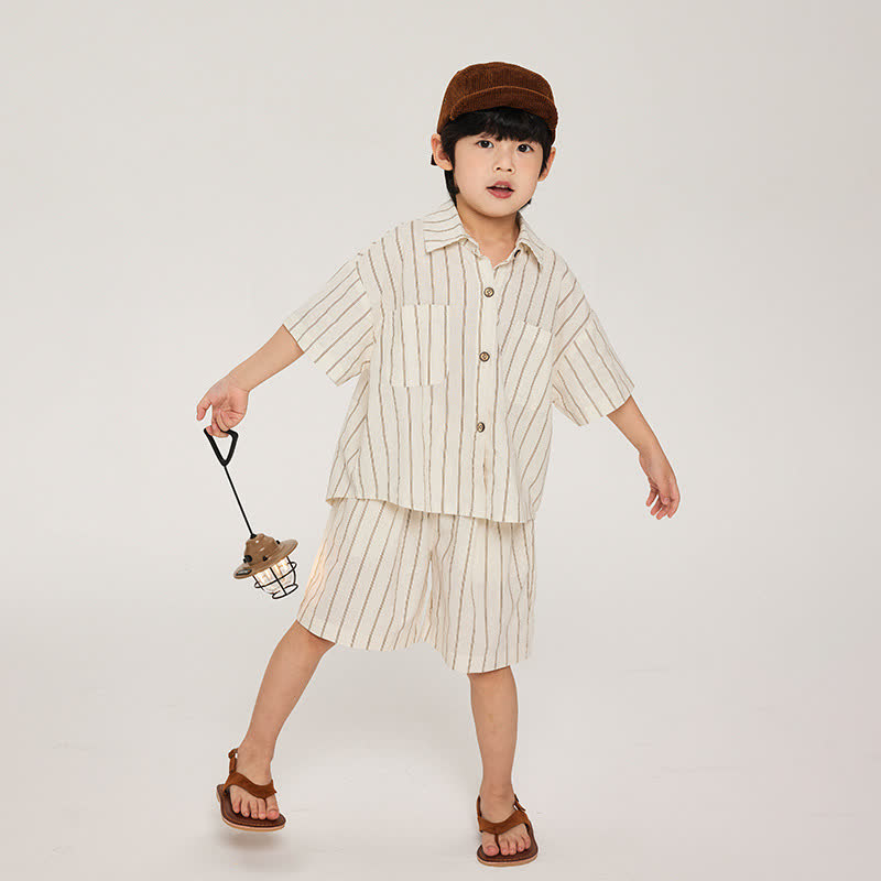 幼児男の子用コットンストライプシャツ＆ショートパンツセット - ベージュ - 8-9T - image 2