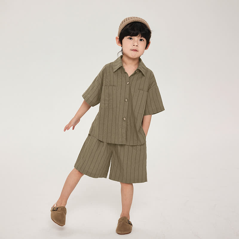 幼児男の子用コットンストライプシャツ＆ショートパンツセット - 緑 - 8-9T - image 3